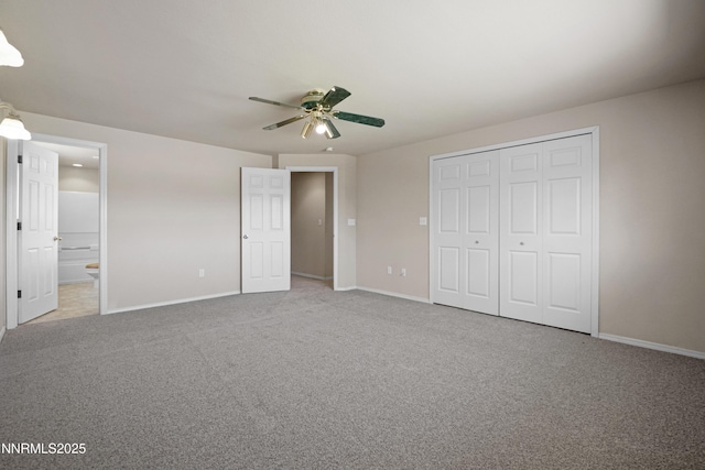 546 Yellow Jacket Rd, Dayton, NV 89403 - unfurnished bedroom with baseboards, carpet, a closet, ensuite bath, and ceiling fan