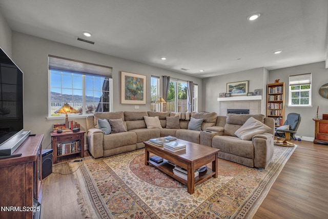 1940 Dark Horse Rd Unit C, Reno, NV 89521 - living area with a tile fireplace, healthy amount of natural light, wood finished floors, recessed lighting, and baseboards