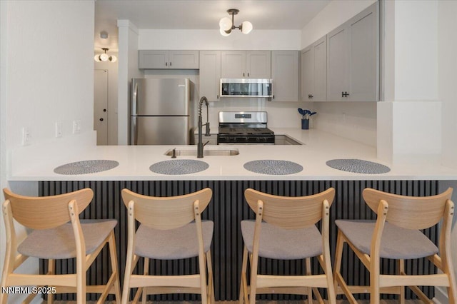 807 Alder Ave Unit 10, Incline Village, NV 89451 - kitchen with stainless steel appliances, gray cabinets, a peninsula, and light countertops