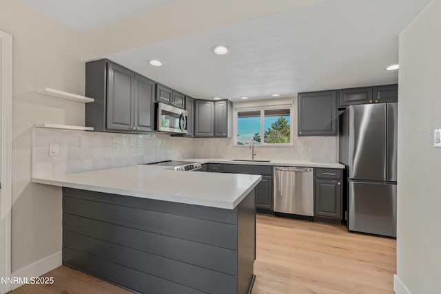 583 Marta Way, Reno, NV 89503 - kitchen with appliances with stainless steel finishes, open shelves, a sink, a peninsula, and decorative backsplash