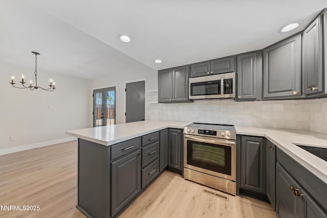 583 Marta Way, Reno, NV 89503 - kitchen featuring appliances with stainless steel finishes, a peninsula, gray cabinets, decorative backsplash, and light wood-style floors