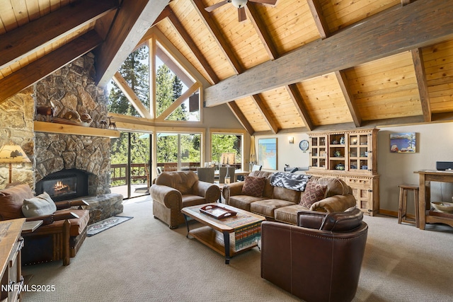 968 Pyrite Ct, Incline Village, NV 89451 - living room featuring carpet, wood ceiling with exposed beams, a fireplace, healthy amount of natural light, and ceiling fan