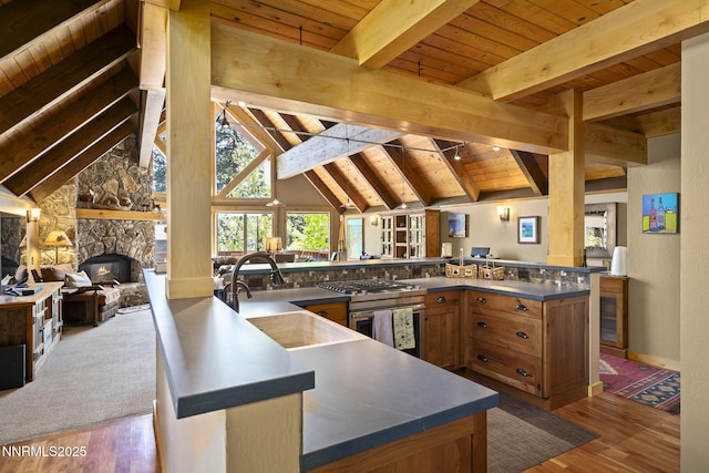 968 Pyrite Ct, Incline Village, NV 89451 - kitchen with a sink, open floor plan, stainless steel gas stove, wood ceiling, and wood finished floors