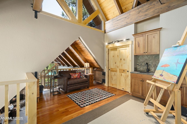 968 Pyrite Ct, Incline Village, NV 89451 - living room with light wood-style floors, wood ceiling with exposed beams, and high vaulted ceiling