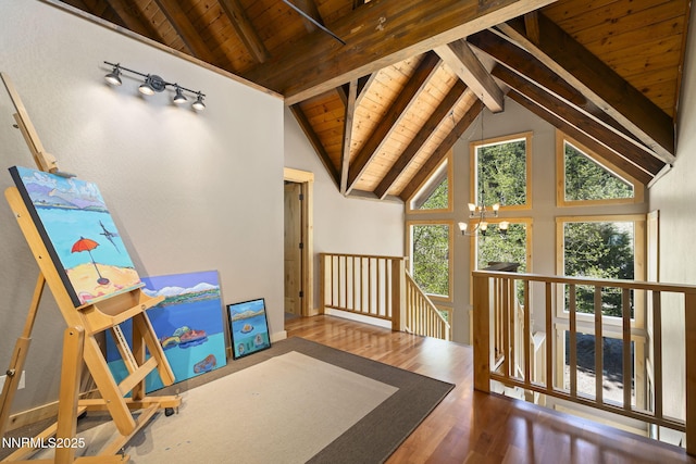 968 Pyrite Ct, Incline Village, NV 89451 - playroom featuring wooden ceiling with exposed beams, wood finished floors, a chandelier, and high vaulted ceiling