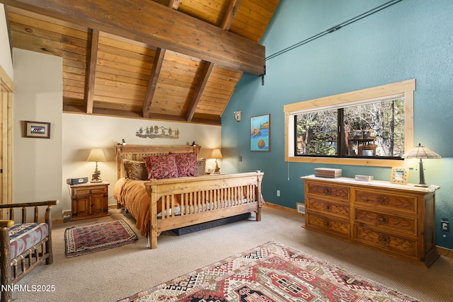 968 Pyrite Ct, Incline Village, NV 89451 - carpeted bedroom with wood ceiling with exposed beams, baseboards, and high vaulted ceiling