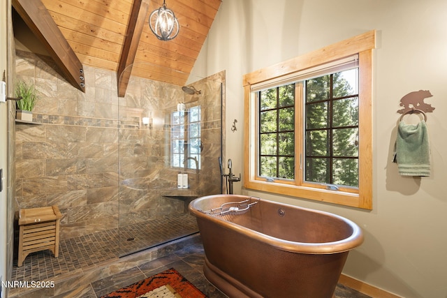 968 Pyrite Ct, Incline Village, NV 89451 - full bathroom featuring walk in shower, a soaking tub, and wooden ceiling