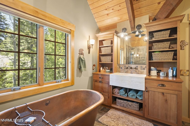 968 Pyrite Ct, Incline Village, NV 89451 - bathroom featuring a freestanding bath, vanity, wood ceiling, and a shower