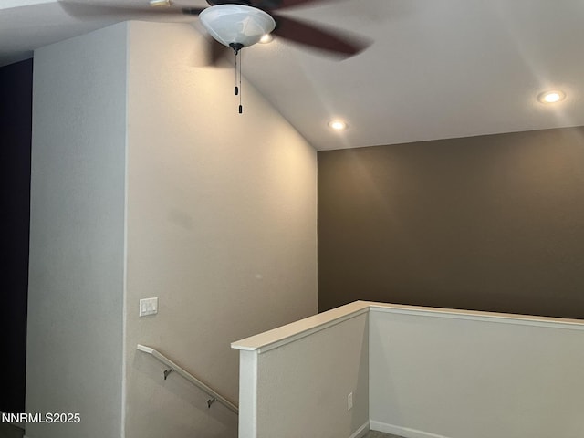 5619 Crescent Hill Way, Sparks, NV 89436 - staircase featuring a ceiling fan, recessed lighting, and lofted ceiling
