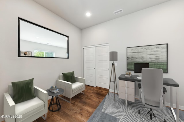 9621 Lane Garrett Dr, Reno, NV 89511 - home office featuring wood finished floors, baseboards, and recessed lighting