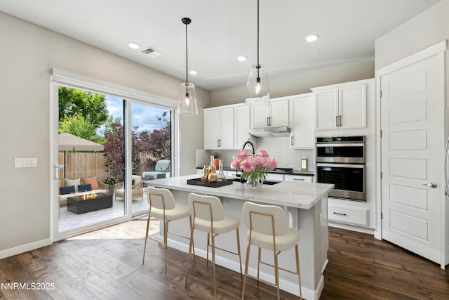 9621 Lane Garrett Dr, Reno, NV 89511 - kitchen with stainless steel double oven, dark wood finished floors, tasteful backsplash, under cabinet range hood, and a center island with sink