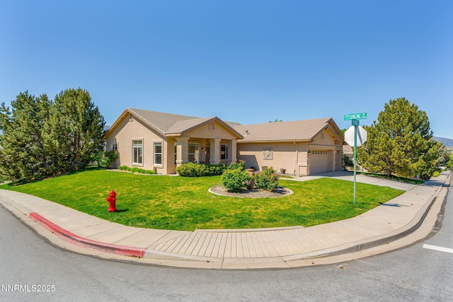 7100 Heatherwood Dr, Reno, NV 89523 - view of front of home featuring a garage, a front yard, stucco siding, and a tiled roof