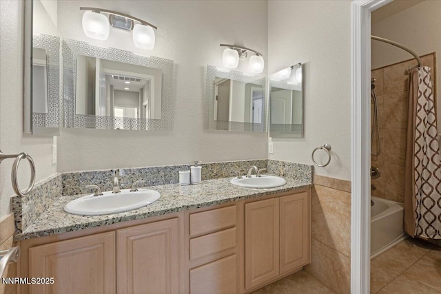 6740 Cinnamon Dr, Sparks, NV 89436 - bathroom with shower / bathtub combination with curtain, double vanity, and tile patterned flooring