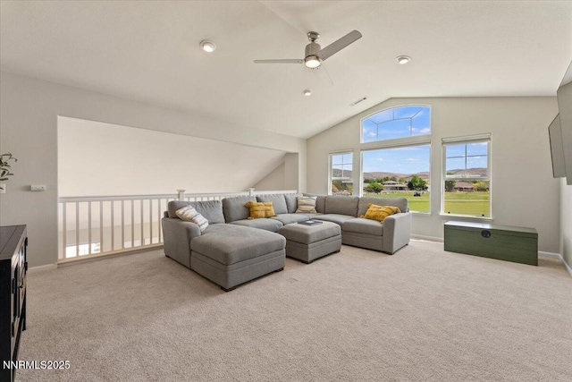 6740 Cinnamon Dr, Sparks, NV 89436 - carpeted living room featuring a ceiling fan, vaulted ceiling, and baseboards