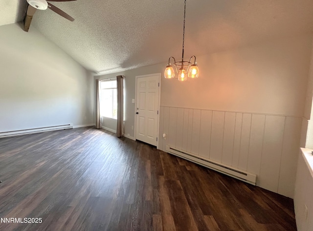 1702 London Cir, Sparks, NV 89431 - unfurnished dining area with a baseboard radiator, dark wood-style floors, a ceiling fan, a chandelier, and a textured ceiling
