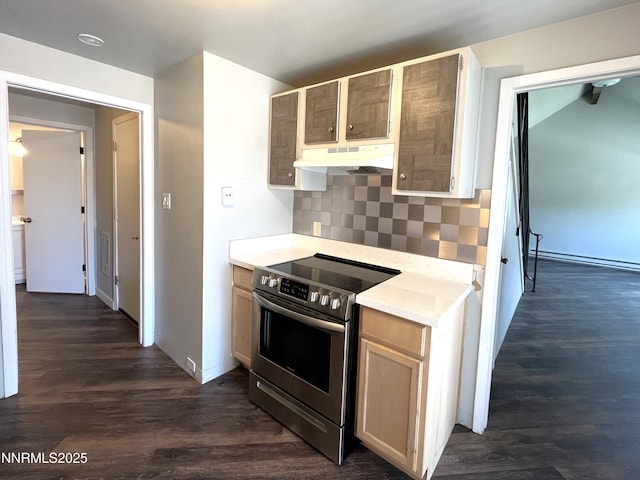 1702 London Cir, Sparks, NV 89431 - kitchen with electric range, under cabinet range hood, tasteful backsplash, light countertops, and dark wood finished floors