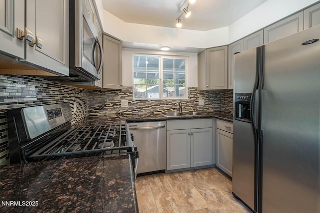 201 N Carson Meadow Dr, Carson City, NV 89701 - kitchen with stainless steel appliances, gray cabinetry, a sink, and backsplash