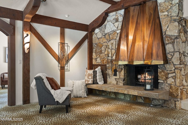 5101 Eldorado Dr, Reno, NV 89519 - living area with carpet floors, a stone fireplace, and arched walkways