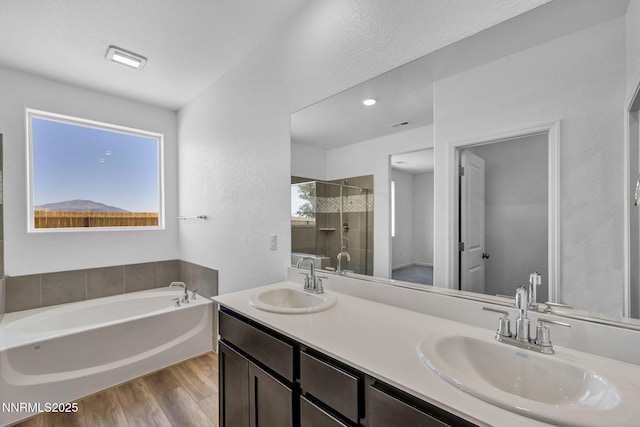 6776 Shell Ct Lot 51, Fernley, NV 89408 - full bath featuring a shower stall, a bath, wood finished floors, a textured wall, and double vanity