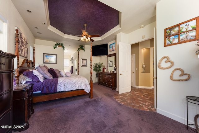 2080 St George Way, Carson City, NV 89703 - carpeted bedroom featuring a tray ceiling, baseboards, ornamental molding, and ceiling fan