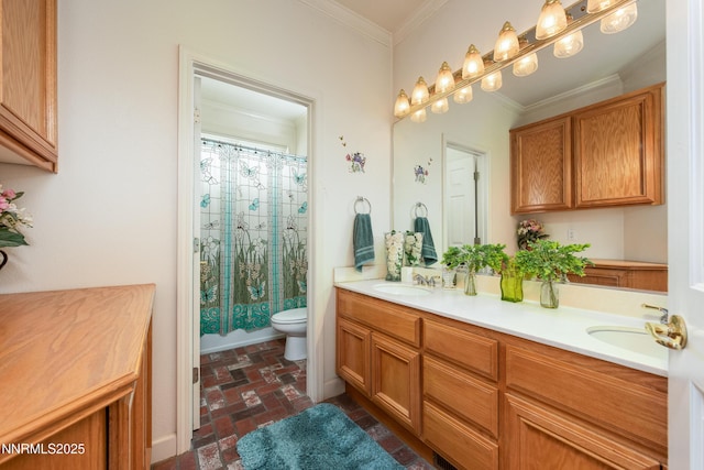2080 St George Way, Carson City, NV 89703 - full bath with brick floors, double vanity, toilet, crown molding, and a shower with curtain