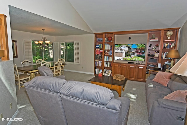 4115 Willowsprings Ct, Reno, NV 89519 - living area with carpet, lofted ceiling, a chandelier, and baseboards