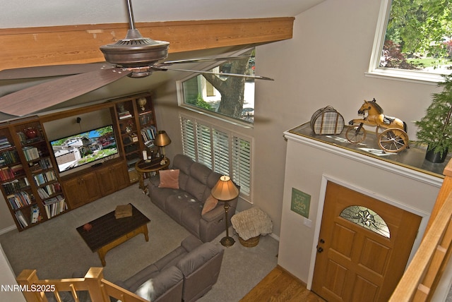 4115 Willowsprings Ct, Reno, NV 89519 - living room with ceiling fan, beamed ceiling, and wood finished floors