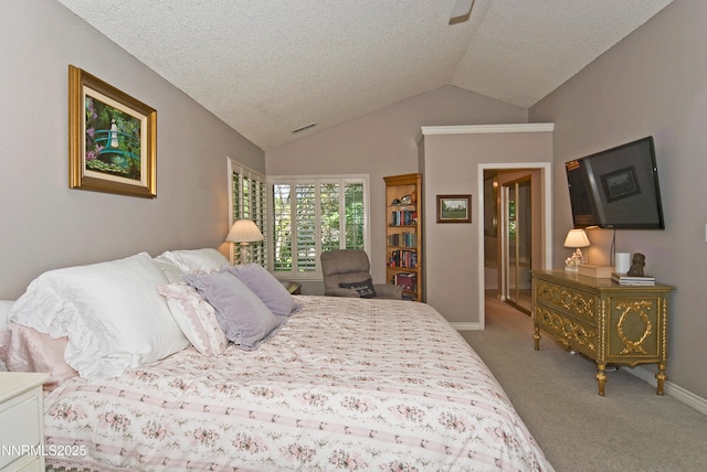 4115 Willowsprings Ct, Reno, NV 89519 - bedroom featuring a textured ceiling, vaulted ceiling, carpet flooring, baseboards, and a ceiling fan