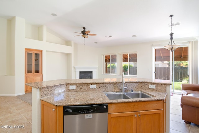 637 Donner Pass Ct, Sparks, NV 89436 - kitchen with dishwasher, a sink, open floor plan, ceiling fan, and healthy amount of natural light