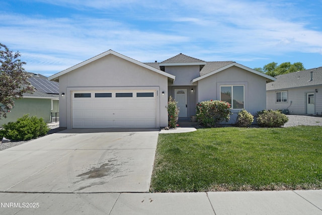 342 Bens Way, Fernley, NV 89408 - ranch-style home with a garage, stucco siding, concrete driveway, a front yard, and roof with shingles