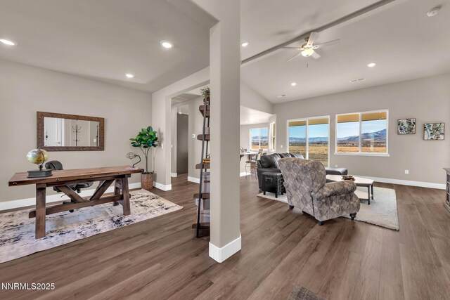 255 Pinto Ranch Ct, Reno, NV 89510 - office area with baseboards, ceiling fan, dark wood-style flooring, recessed lighting, and vaulted ceiling
