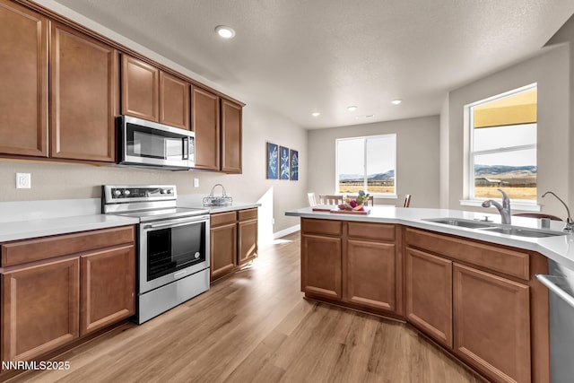 255 Pinto Ranch Ct, Reno, NV 89510 - kitchen featuring stainless steel appliances, a sink, light wood finished floors, brown cabinets, and recessed lighting