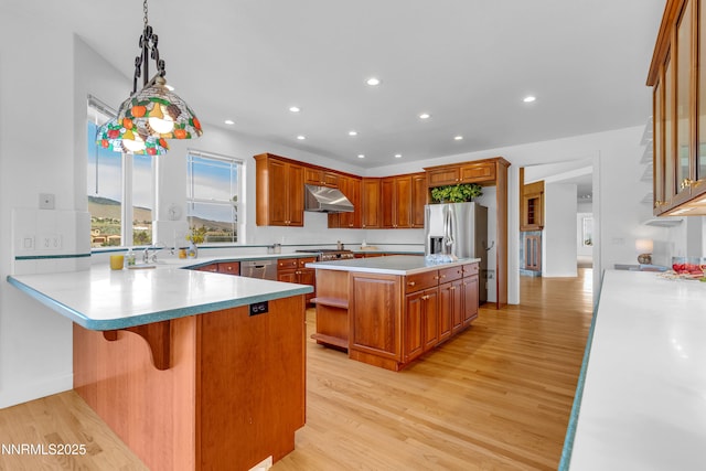 615 Oxbow Ct, Reno, NV 89511 - kitchen featuring under cabinet range hood, light wood-type flooring, stainless steel appliances, brown cabinetry, and light countertops