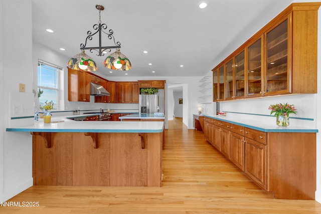 615 Oxbow Ct, Reno, NV 89511 - kitchen featuring stainless steel appliances, under cabinet range hood, light wood-type flooring, a peninsula, and recessed lighting