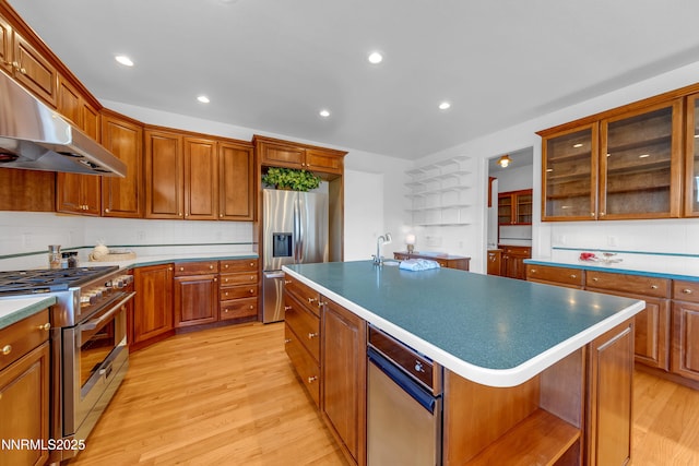 615 Oxbow Ct, Reno, NV 89511 - kitchen with stainless steel appliances, under cabinet range hood, light wood-type flooring, open shelves, and tasteful backsplash