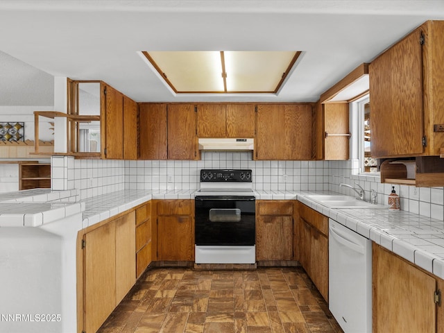 1344 Patricia Dr, Gardnerville, NV 89460 - kitchen featuring electric stove, under cabinet range hood, dishwasher, a sink, and decorative backsplash