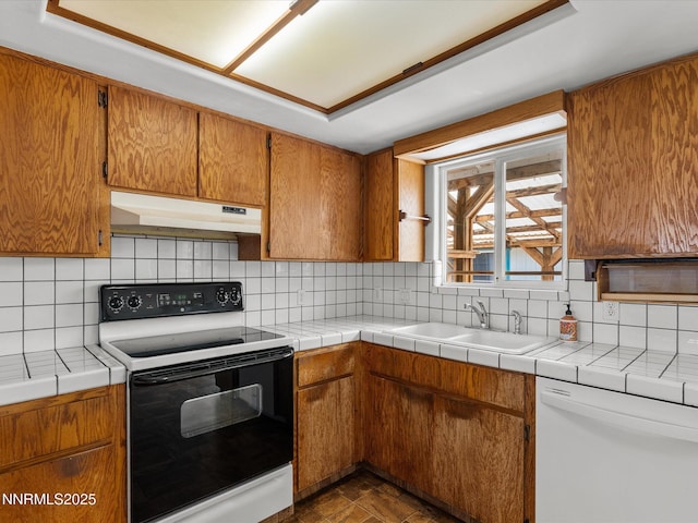 1344 Patricia Dr, Gardnerville, NV 89460 - kitchen featuring electric stove, under cabinet range hood, white dishwasher, a sink, and decorative backsplash