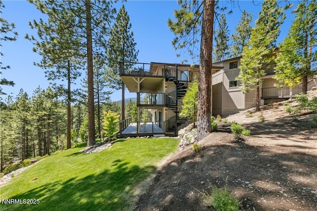 517 Driver Way, Incline Village, NV 89451 - back of property featuring a yard, stairway, a wooden deck, and a balcony