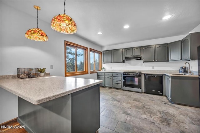 517 Driver Way, Incline Village, NV 89451 - kitchen with black appliances, a peninsula, under cabinet range hood, recessed lighting, and light countertops