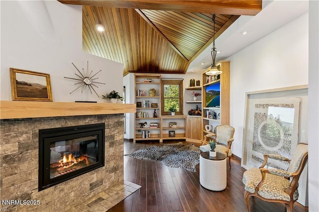 517 Driver Way, Incline Village, NV 89451 - living area with a fireplace, dark wood-type flooring, wood ceiling, and high vaulted ceiling