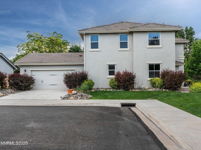 1105 Fiore Ct, Minden, NV 89423 - view of side of home featuring stucco siding, a tiled roof, a garage, concrete driveway, and a lawn