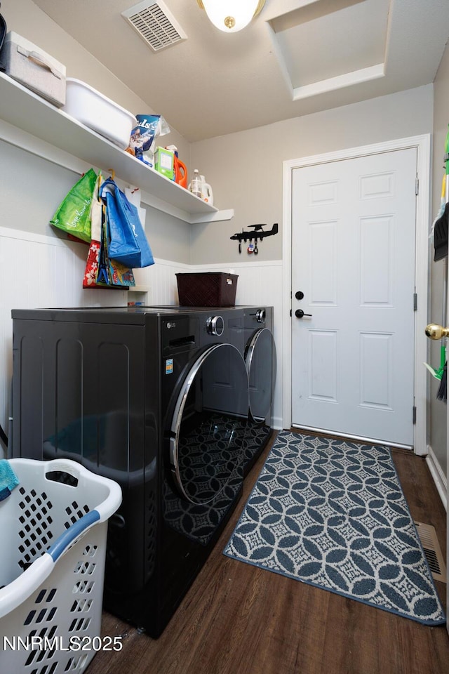 791 Noel Ln, Fallon, NV 89406 - washroom with separate washer and dryer, wood finished floors, and a wainscoted wall