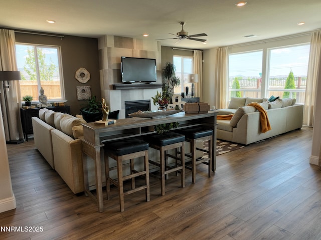 2350 Seaberry Dr, Sparks, NV 89441 - living area featuring a large fireplace, a ceiling fan, wood finished floors, and recessed lighting