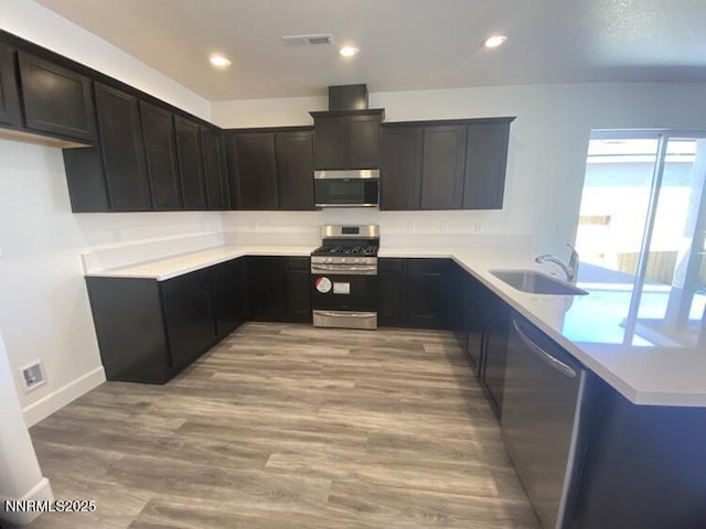 897 Agate Way, Fernley, NV 89408 - kitchen with stainless steel appliances, a sink, a peninsula, baseboards, and light wood-type flooring