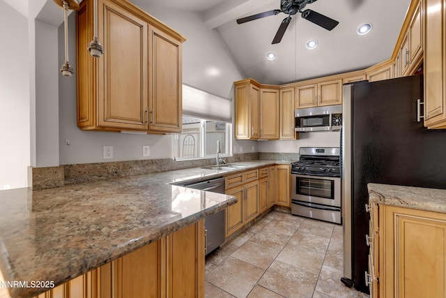 1220 Conway Ln, Reno, NV 89503 - kitchen with stainless steel appliances, ceiling fan, a peninsula, light stone countertops, and recessed lighting