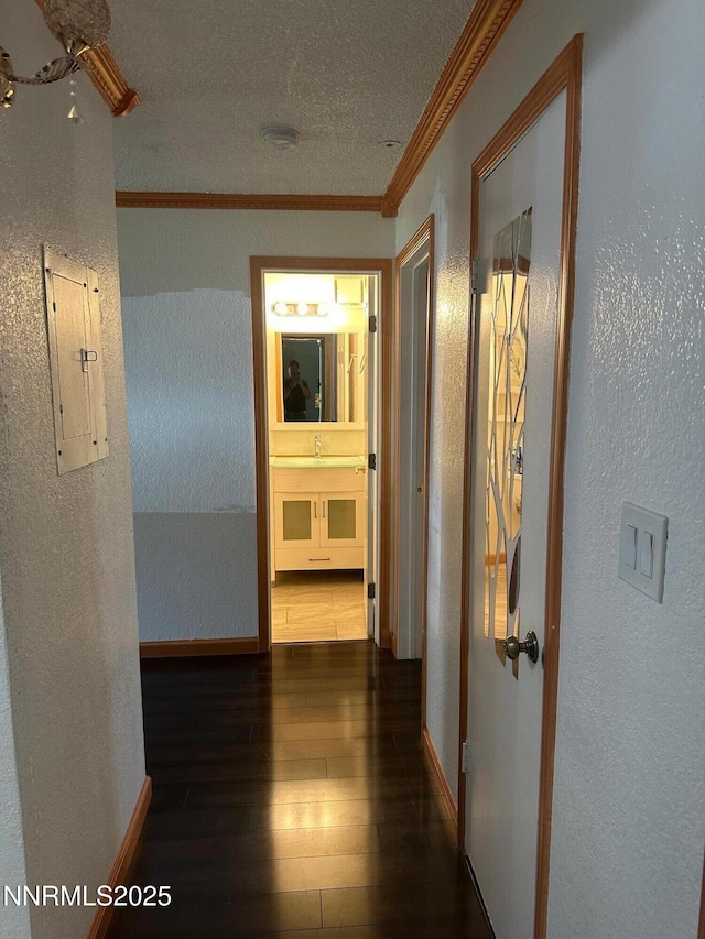 3926 Clear Acre Ln Unit 107, Reno, NV 89512 - corridor with ornamental molding, wood finished floors, baseboards, a textured wall, and electric panel