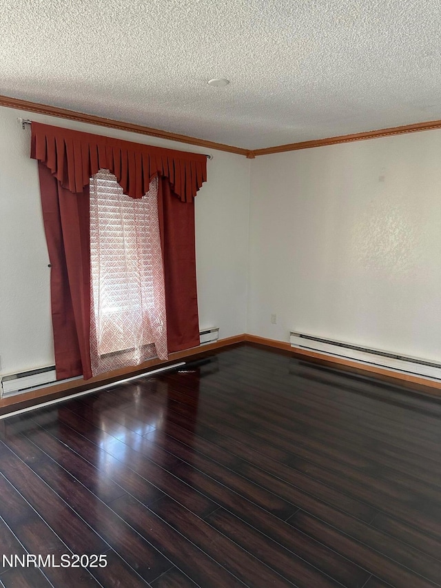 3926 Clear Acre Ln Unit 107, Reno, NV 89512 - spare room with baseboard heating, a textured ceiling, ornamental molding, wood finished floors, and a baseboard radiator