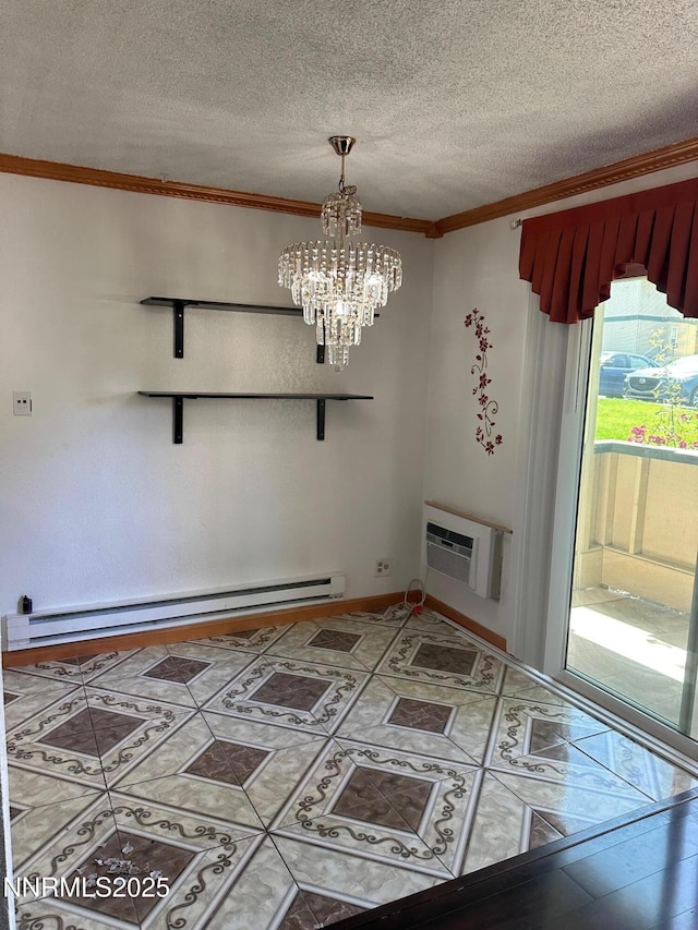 3926 Clear Acre Ln Unit 107, Reno, NV 89512 - unfurnished dining area with a baseboard radiator, a wall unit AC, crown molding, a chandelier, and a textured ceiling