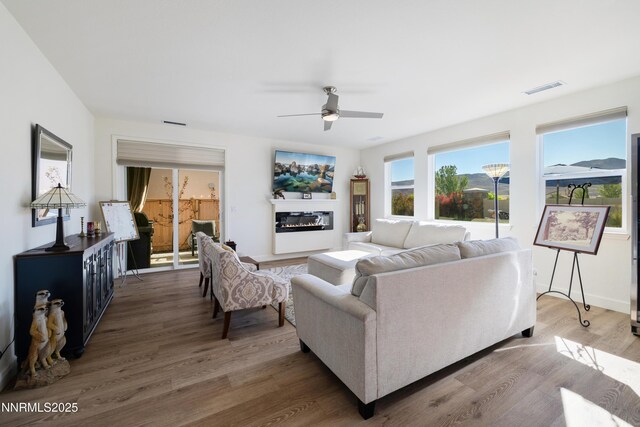 10260 Rollins Dr, Reno, NV 89521 - living area with ceiling fan, wood finished floors, and a glass covered fireplace
