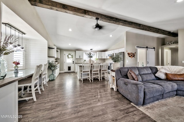772 Mammoth Way, Gardnerville, NV 89460 - living area featuring a barn door, dark wood-style floors, ceiling fan, and recessed lighting
